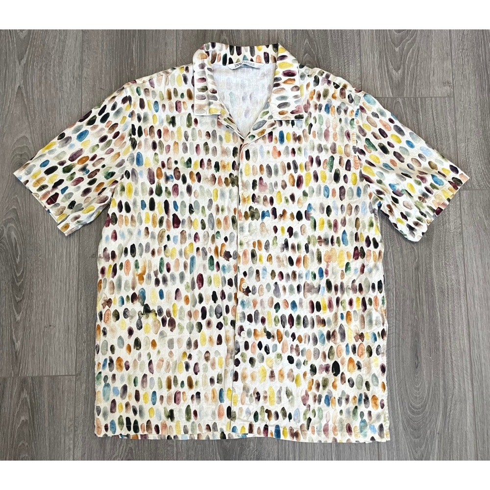 Zara Button Down Shirt Size L Multicolor Abstract Dot Short Sleeve Boho Summer - Picture 2 of 8